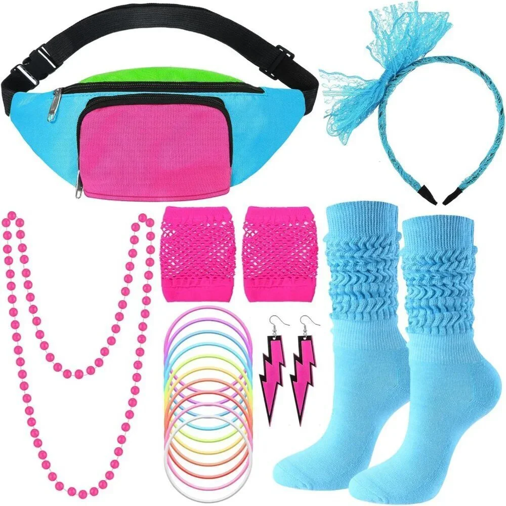 80s Costume Accessories Set Neon Fishnet Gloves Fanny Pack Earrings